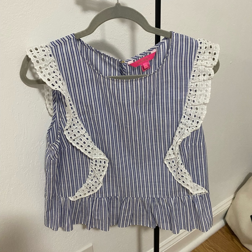 Lilly pulitzer eyelet ruffle stripe linen blouse
